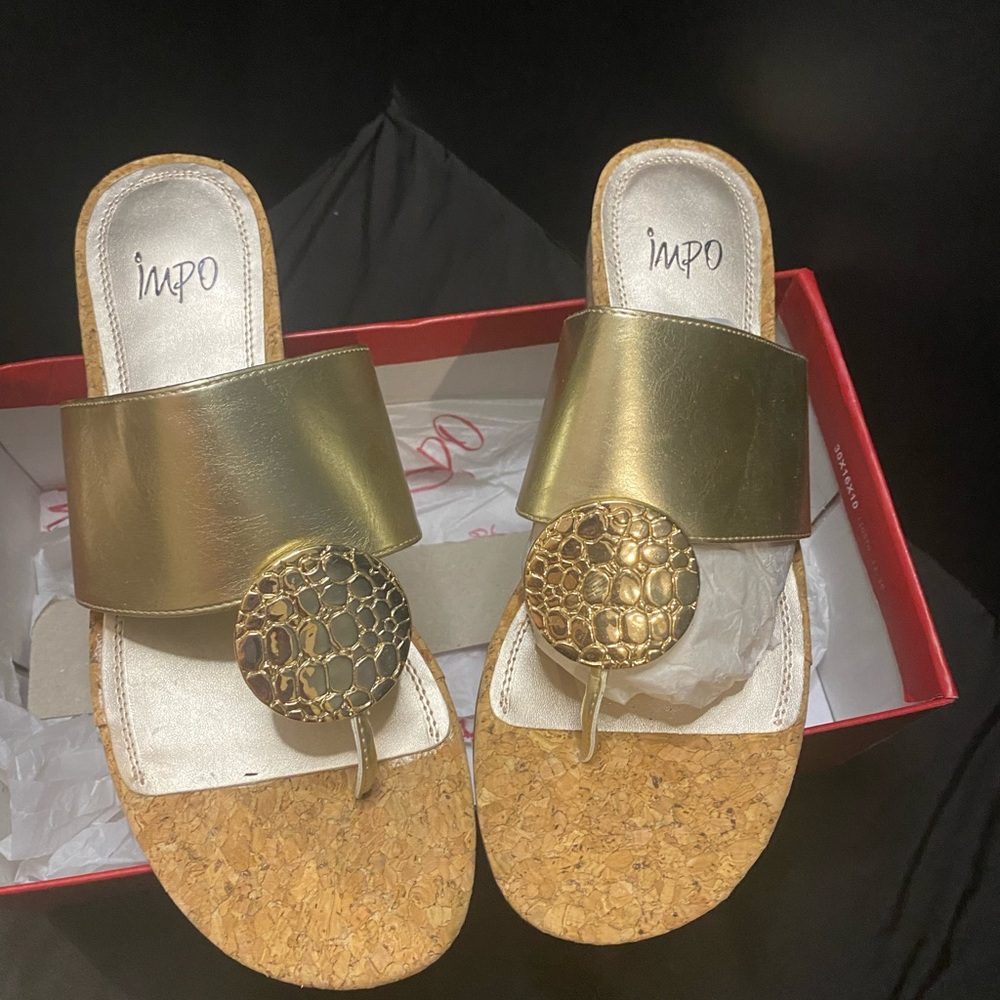 Impo Gold and Tan Sandals with Cork Footbed